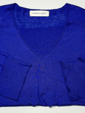 Lamberto Losani Italy Royal Blue V‑Neck Sweater Women’s 48 Silk Linen Luxury Kni
